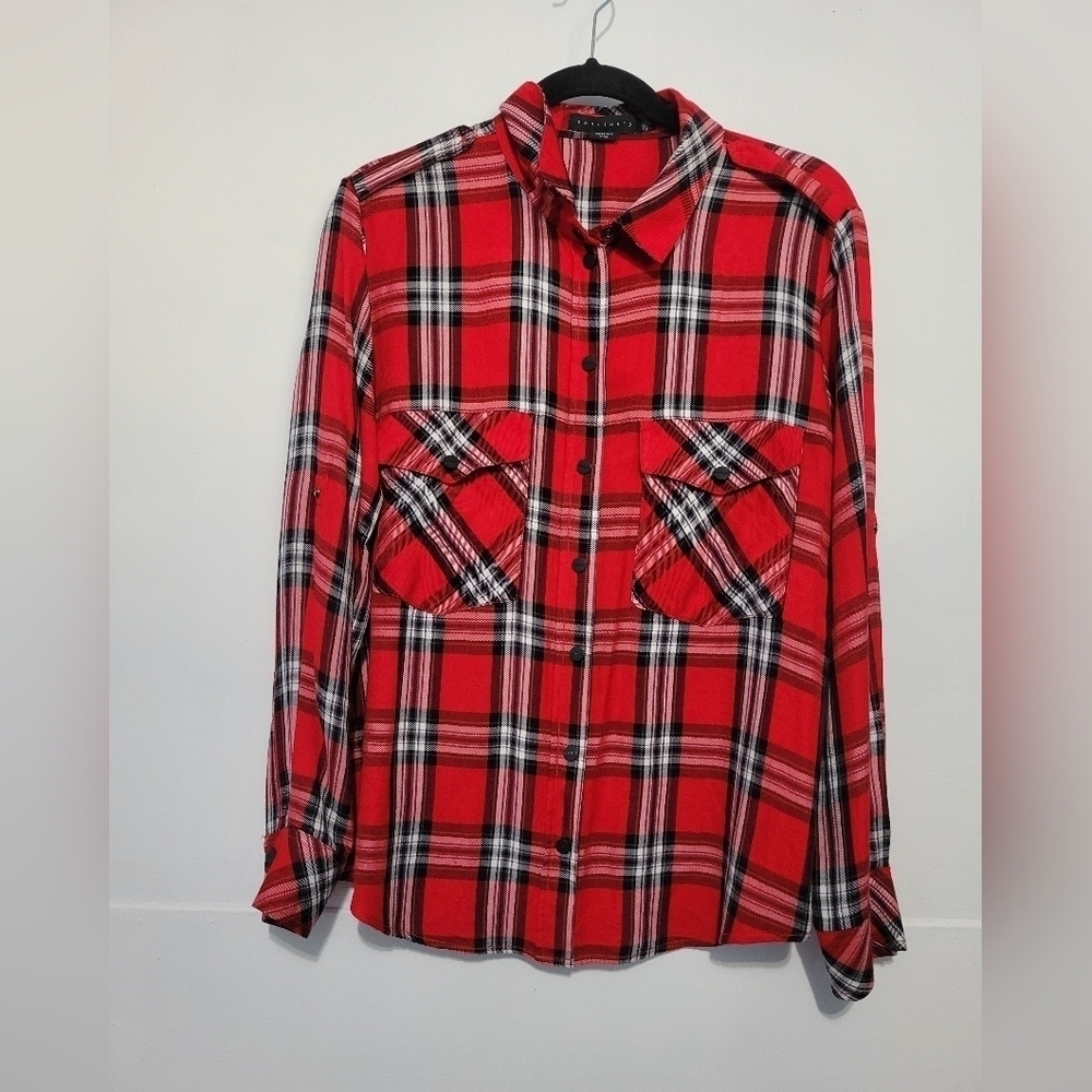 Sanctuary Womens Plaid Boyfriend Shirt in Red Small